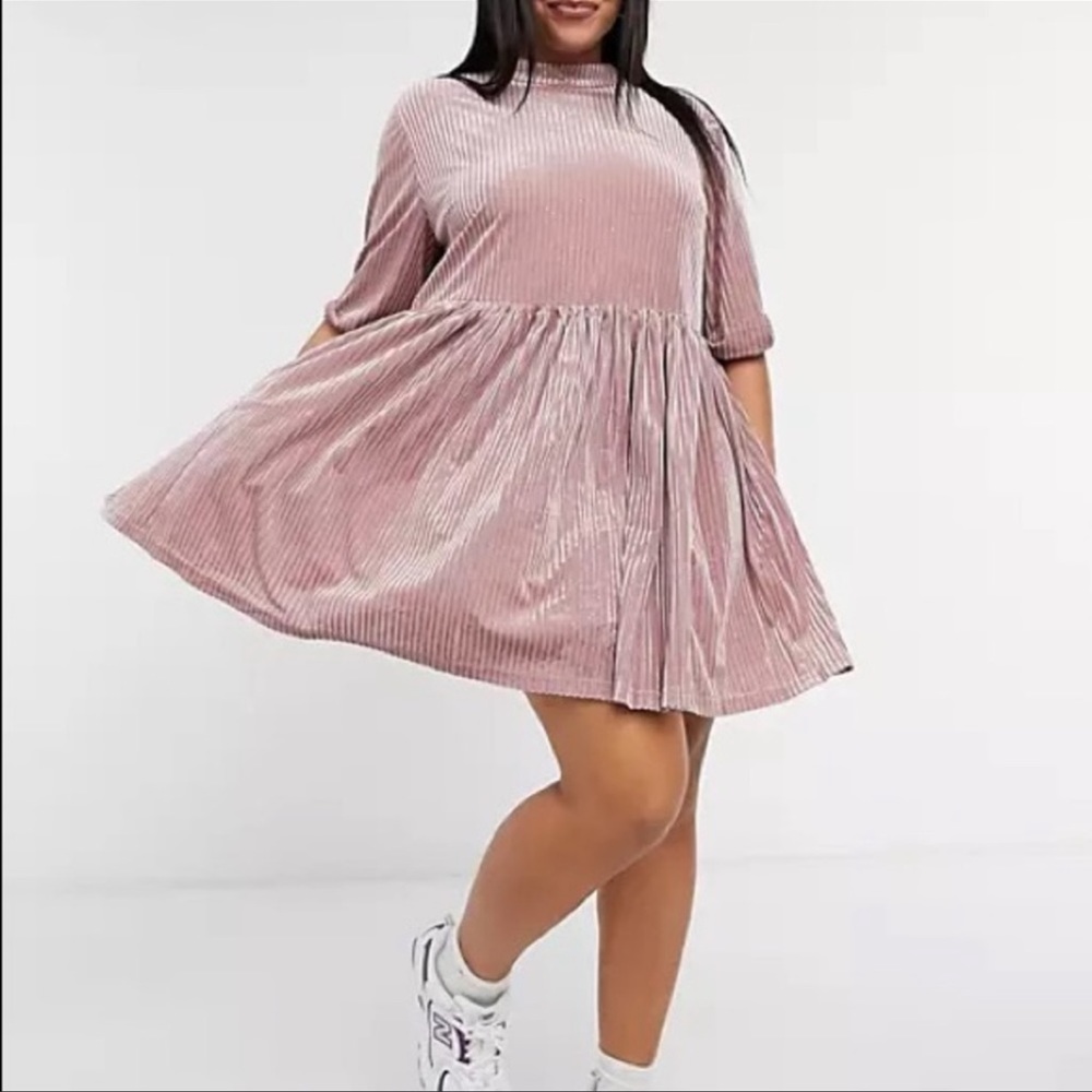 ASOS Curve Urban Threads Curve Velour Ribbed Mini Smocked Dress Back Tie Plus 22
